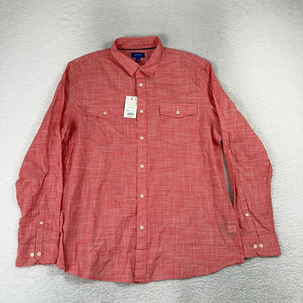 APT.9 Shirt Mens XL Red 100% Cotton Slim Fit Stretch Button Front Long Sleeve
